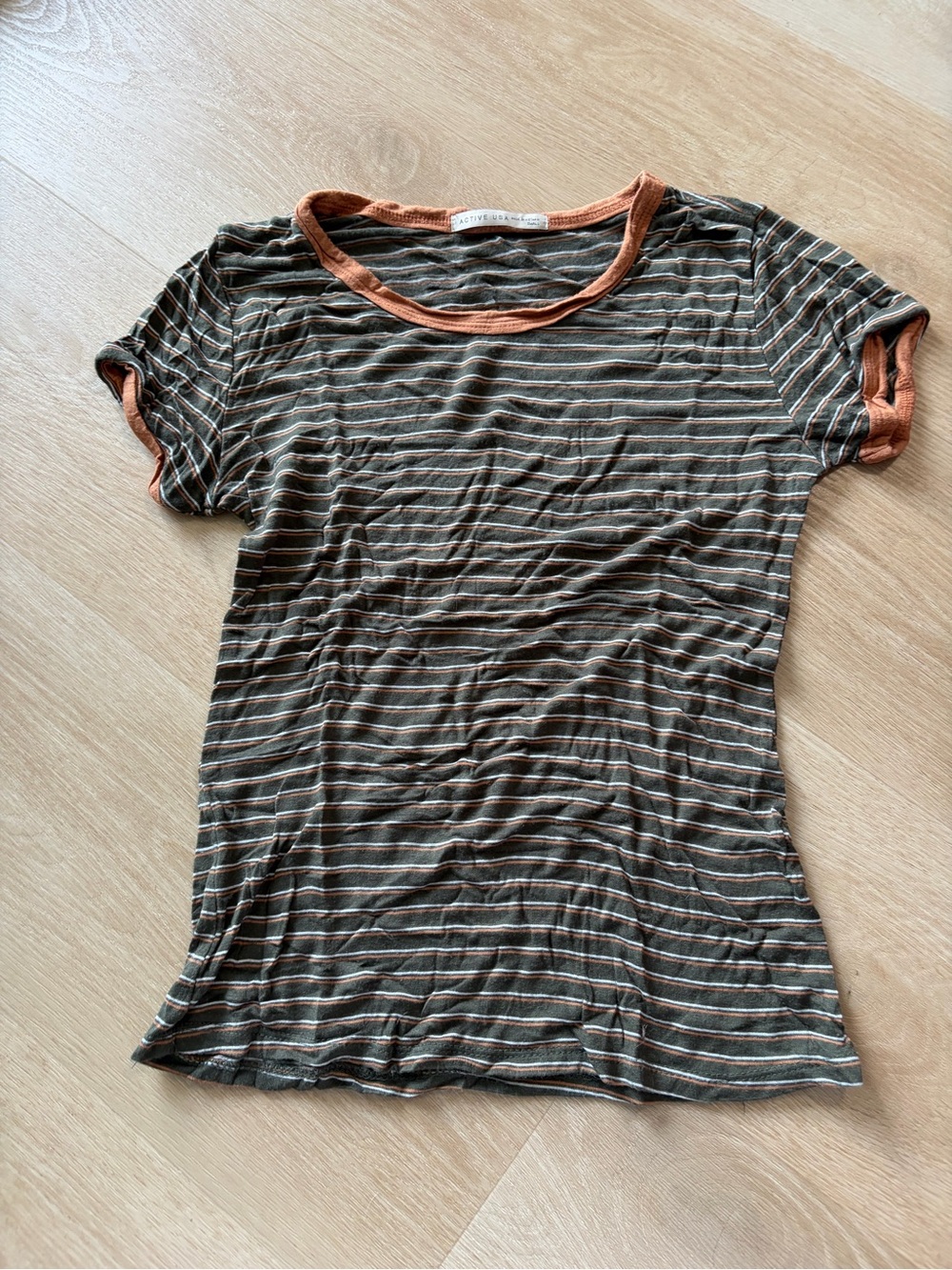 Active USA Olive & Rust Striped Ringer Tee - Women